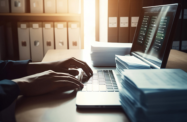 Hands typing on laptop in a file room